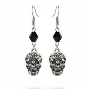 Silver Tone Black‎ Crystal Sugar Skull Dangle Earrings Day of the Dead Inspired